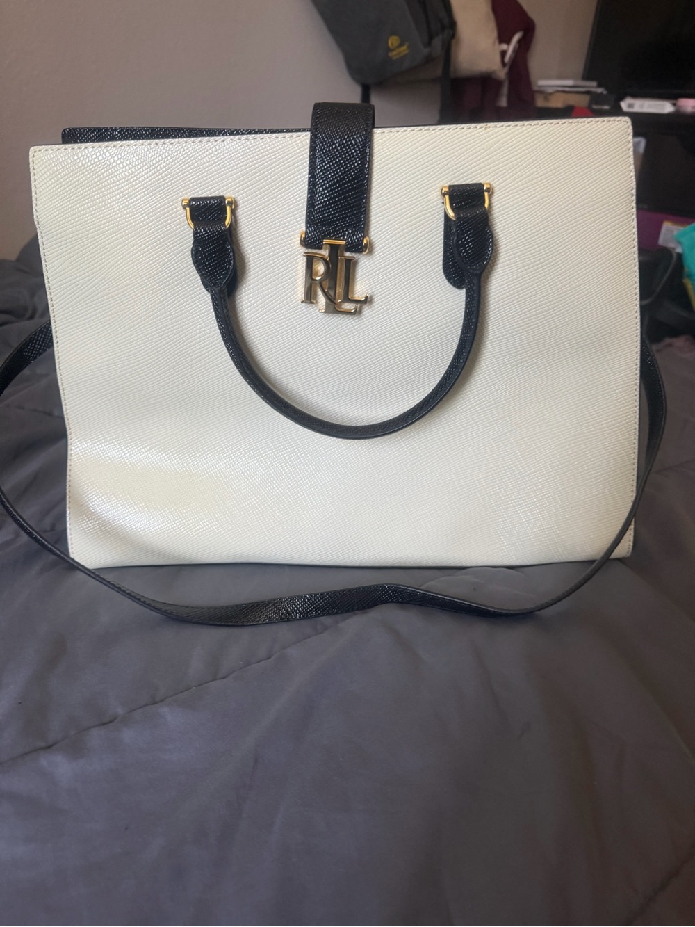 Ralph Lauren Cream and Black Leather Satchel with Gold Hardware